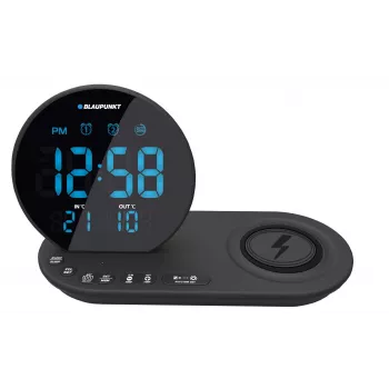 Blaupunkt CR85BK FM PLL radijo laikrodis su belaidžiu įkrovimu, USB, vidaus/lauko temperatūra, juodas