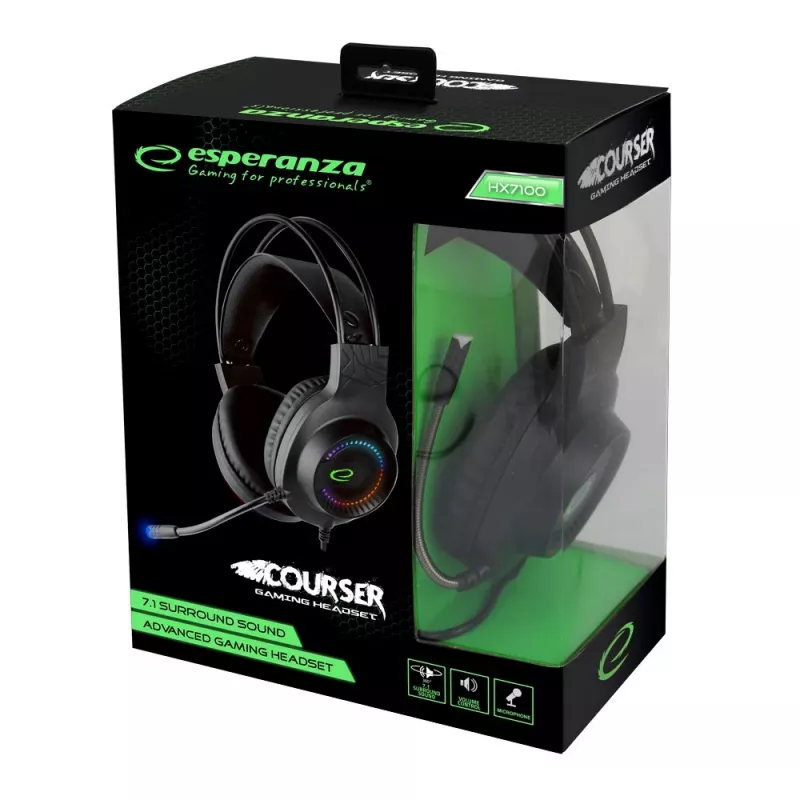 Belaidės ausinės ESPERANZA EGH7100 – žaidimų ausinės per ausį, USB 2.0, 1,5 m laidas, strypinis mikrofonas, RGB apšvietimas, 32 Ω, 4 cm tvarkyklės, 269 g