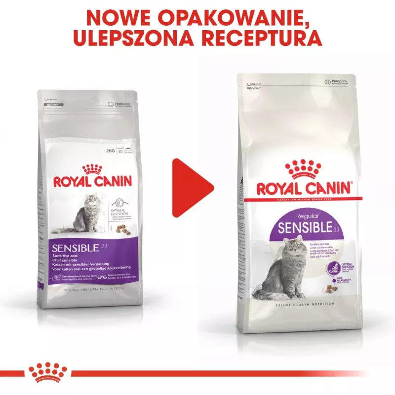 Sausas kačių ėdalas Royal Canin Sensible 33 4 kg – suaugusioms katėms, paukštiena ir ryžiai, baltymai 33%, riebalai 22%