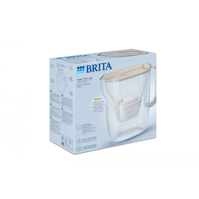 BRITA Style Essential vandens filtro ąsotis, 2,4 L talpa (1,4 L filtruoto), MAXTRA, atverčiamas dangtelis, smėlio spalvos
