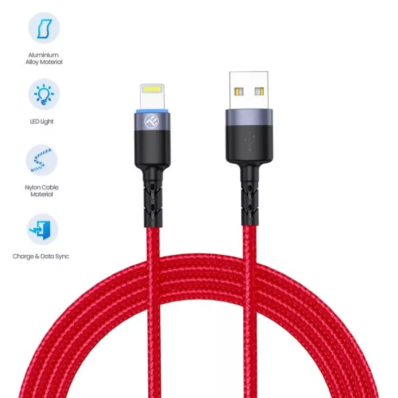 USB–Lightning duomenų laidas Tellur, 3A, 1,2 m, LED indikatorius, raudonas