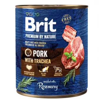 Šlapias šunų ėdalas Brit Premium by Nature Kiauliena su tracheja 800 g, suaugusiems šunims, skardinė, 78% drėgmės