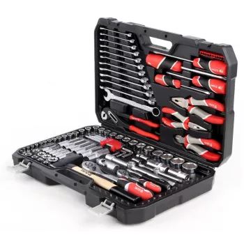 Mechaniko įrankių rinkinys YATO YT-38901 – 122 vnt., su lizdais 12–32 mm, reketu, prailginimais, atsuktuvais, plaktuku, replėmis, chromuota apdaila