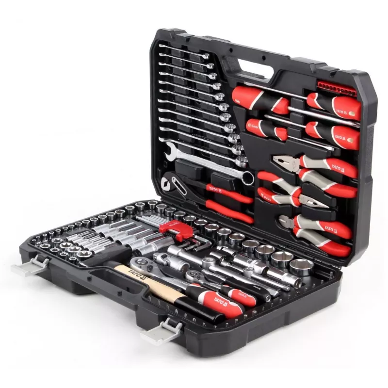 Mechaniko įrankių rinkinys YATO YT-38901 – 122 vnt., su lizdais 12–32 mm, reketu, prailginimais, atsuktuvais, plaktuku, replėmis, chromuota apdaila