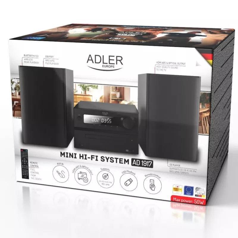 Mini Hi-Fi stereo sistema Adler AD 1917 – Bluetooth 5.3, CD/USB/MP3, 2×25 W RMS, FM imtuvas, 4 juostų ekvalaizeris, AUX, juoda