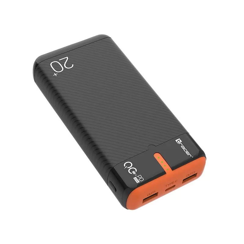 Nešiojamas įkroviklis TRACER EnerGen 20000 mAh, Power Delivery 20W, USB-C įėjimas, 2×USB-A išėjimai, 3 įrenginių palaikymas, oranžinė
