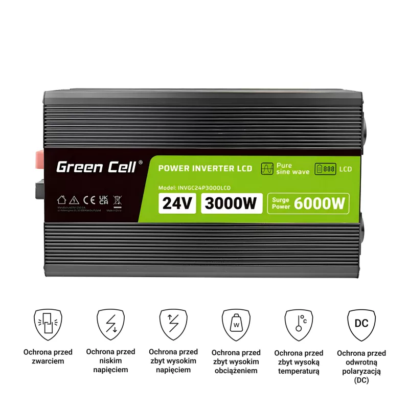 Automobilinis keitiklis Green Cell INVGC24P3000LCD 24V 3000W gryna sinusinė banga, 230V 50Hz, LCD, F tipo lizdas