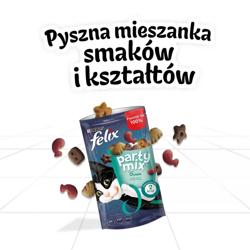Felix Party Mix Ocean Mix skanėstai katėms 60 g – jūros gėrybių skonio traškūs kąsneliai suaugusioms katėms