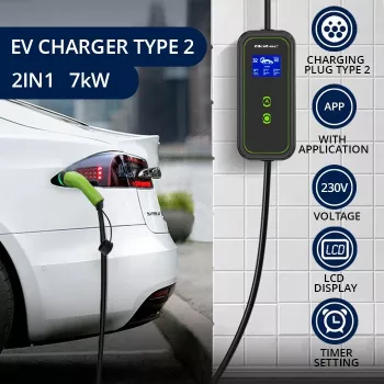 Qoltec Mobile EV automobilio įkroviklis reguliuojamas 2in1 Type2 | 7kW | 230V | CEE 3 kištukas | Wi-fi | LCD | Nešiojamas | Sieninis | 5m