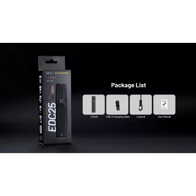 Taktinis žibintuvėlis Nitecore EDC25 – dviejų LED, 15 lm, aliuminio korpusas, įkraunamas per USB, IP54, atsparus smūgiams, juodas