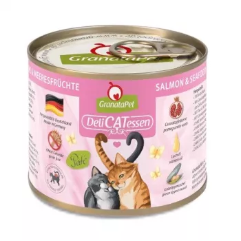Šlapias kačių ėdalas Fox4Pets DeliCATessen su lašiša ir jūros gėrybėmis 200 g skardinė, pilnavertis suaugusių kačių maistas, 10,2 % baltymų, 5,5 % riebalų, 80 % drėgmės