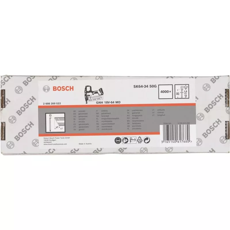 Apdailos vinys Bosch SK64-34 34° 1,8 mm (15 ga) 4 000 vnt. – pneumatiniams ir dujiniams viniakaliams