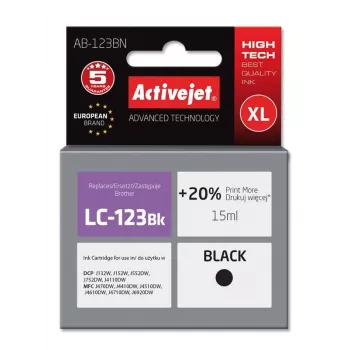 Activejet AB-123BN rašalas (pakaitalas Brother LC123Bk/LC121Bk; Supreme; 15 ml; juoda)