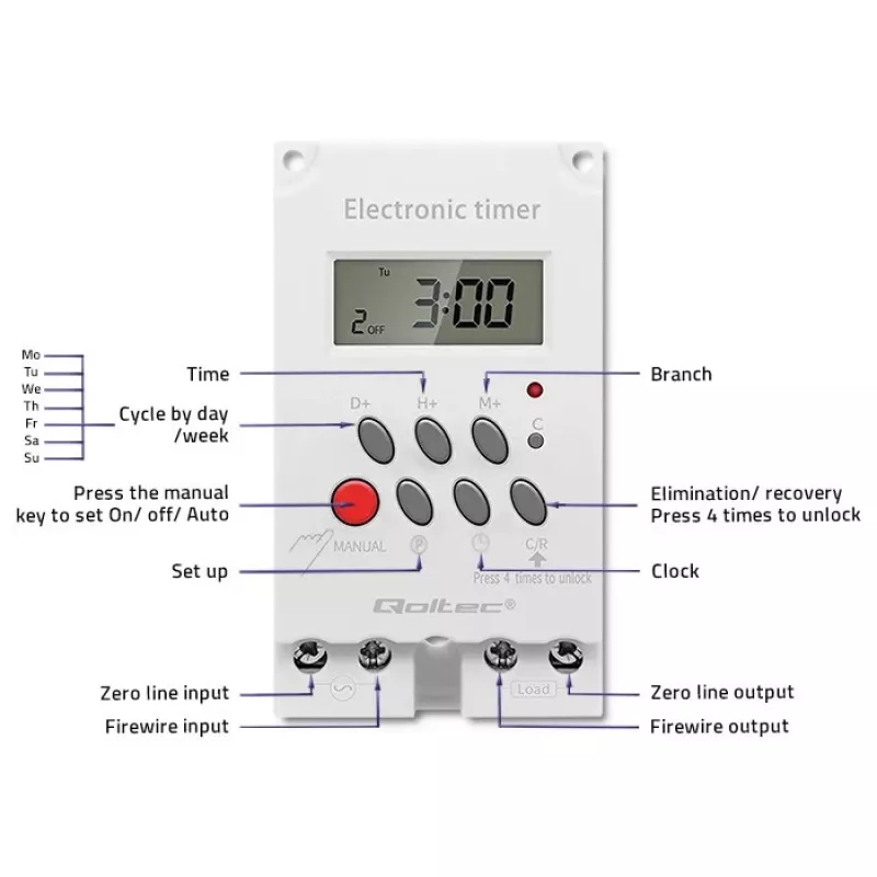 DIN bėgelio elektroninis laikmatis QOLTEC PC0629 — 24V maitinimas, 16A išėjimas