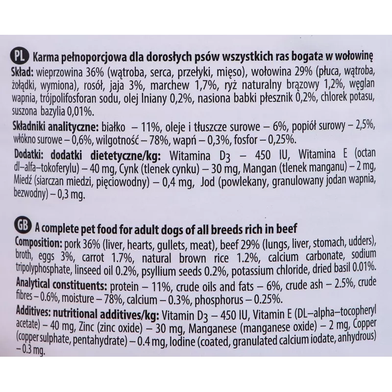 Šlapias šunų ėdalas Dolina Noteci Jautiena ir Kiauliena Suaugusiems Šunims 400 g