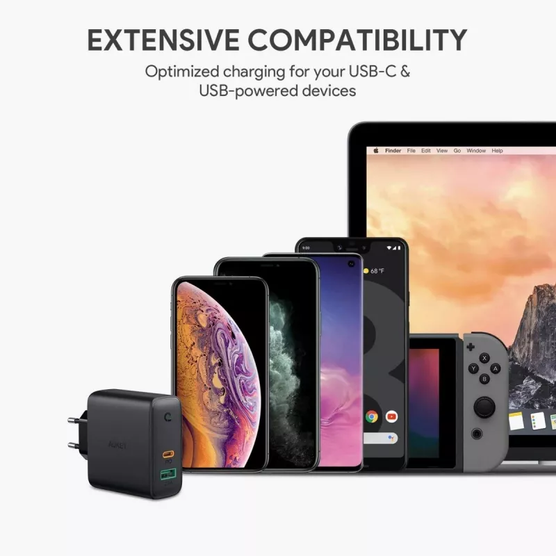 Sieninis įkroviklis Aukey PA-D3 2xUSB (1xUSB + 1xUSB C) Power Delivery 60W 5.4A