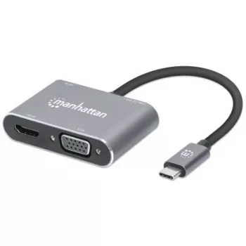 Manhattan USB-C dokų stotelė / šakotuvas, 4 prievadai: HDMI, USB-A, USB-C ir VGA, su Power Delivery (PD) 87W – reikalingas išorinis USB-C įkroviklis (neįtrauktas). Maitinama per USB (nereikia išorinio maitinimo šaltinio), kai PD nenaudojamas. Aliuminis