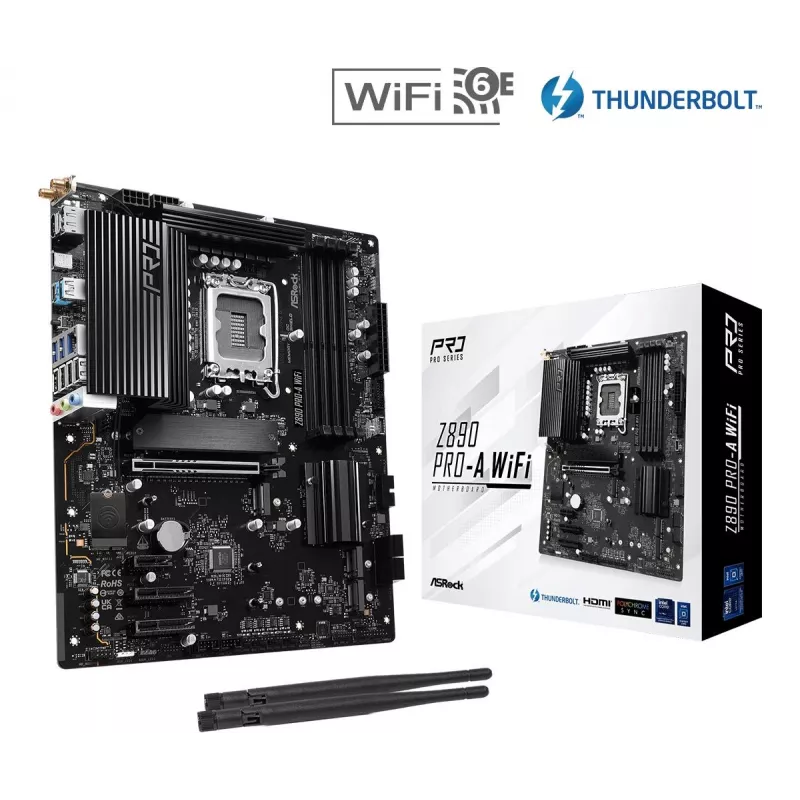 Motininė plokštė ASRock Z890 Pro-A WiFi — Intel Z890, LGA 1851, ATX, DDR5, 4x DIMM, 256GB, Wi‑Fi 6E, 2.5Gb LAN
