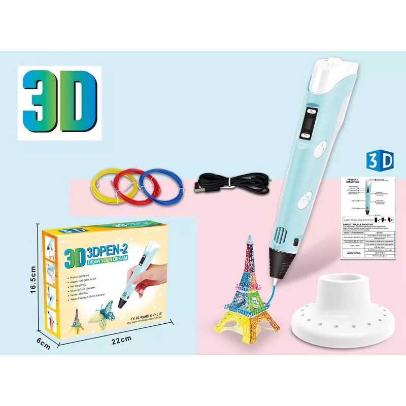 3D rašiklis su filamentų rinkiniu ir USB maitinimo laidu