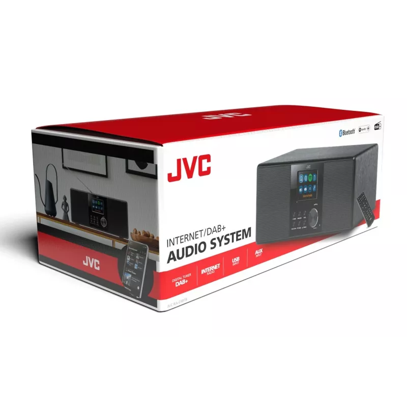 Internetinis radijas JVC RA-E981B – Wi‑Fi ir Bluetooth srautinis transliavimas, DAB+, FM, 2×5 W, 40 išankstinių nustatymų, USB, AUX, LCD ekranas