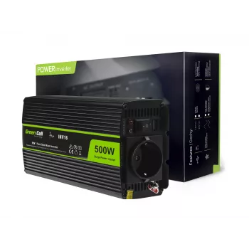 Automobilinis keitiklis Green Cell INV16 500 W, nuo 12 V DC į 230 V AC, 50 Hz, USB prievadas, aktyvus aušinimas, juodos spalvos