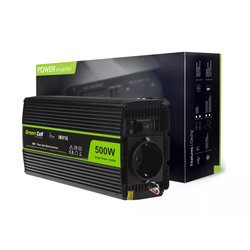 Automobilinis keitiklis Green Cell INV16 500 W, nuo 12 V DC į 230 V AC, 50 Hz, USB prievadas, aktyvus aušinimas, juodos spalvos