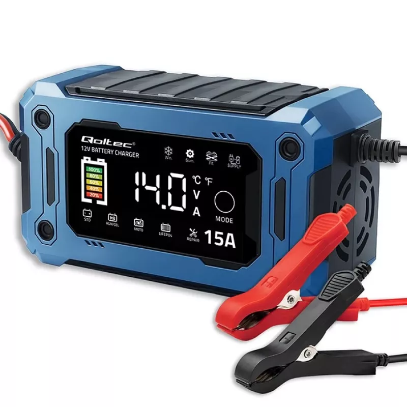 QOLTEC išmanusis 12V 15A įkroviklis su mikroprocesoriumi ir LCD ekranu – AGM, GEL, SLA, EFB, LiFePO4 akumuliatoriams