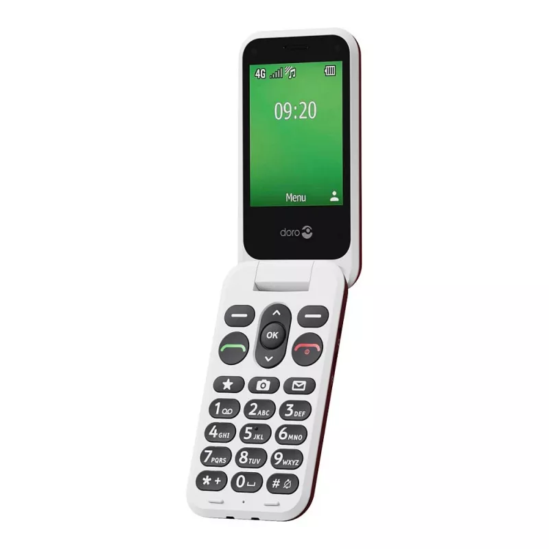 Sulankstomas telefonas Doro Leva E22, 2,8 colio (7,11 cm) ekranas, viena SIM, 0,3 MP kamera, 1150 mAh, 127,8 g, raudonai baltas