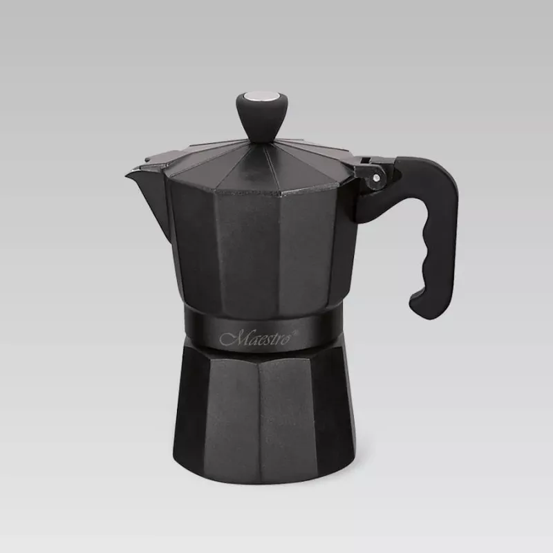 Moka puodas Maestro MR-1666-3-BLACK, rankinis 3 puodelių aliumininis kavos virimo aparatas, 150 ml, juodas