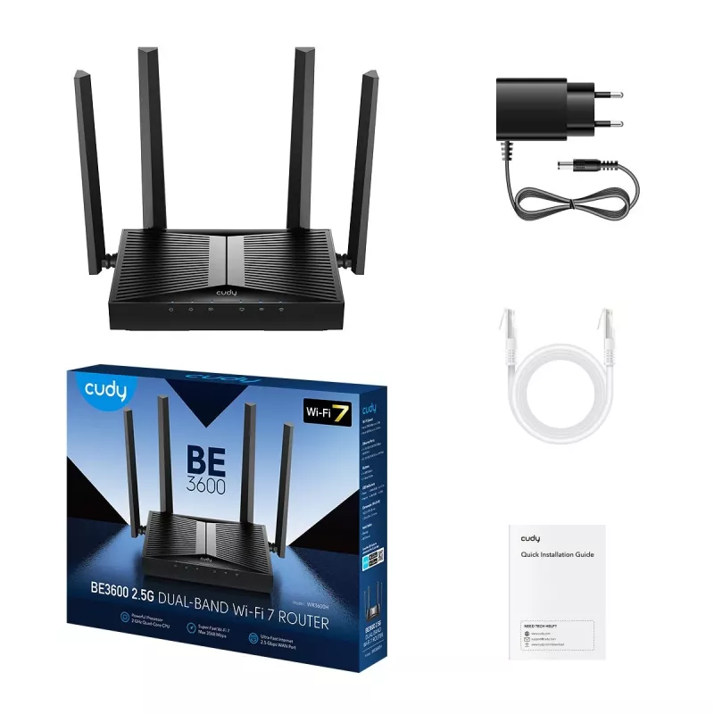 Stalinis maršrutizatorius Cudy WR3600H Wi‑Fi 7 dviejų juostų 2,4/5 GHz, 2882 Mbps, Gigabit Ethernet, 4 LAN prievadai, 12 V DC
