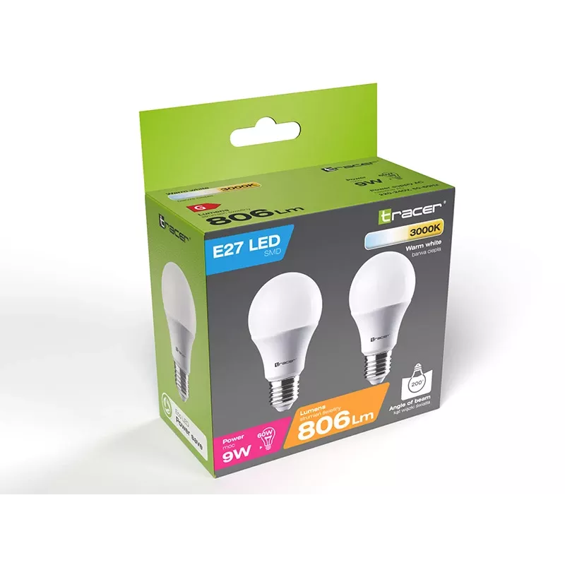 LED lemputė Tracer TRAZAR46501, 9W, E27, 806 lm, šilta balta 3000K