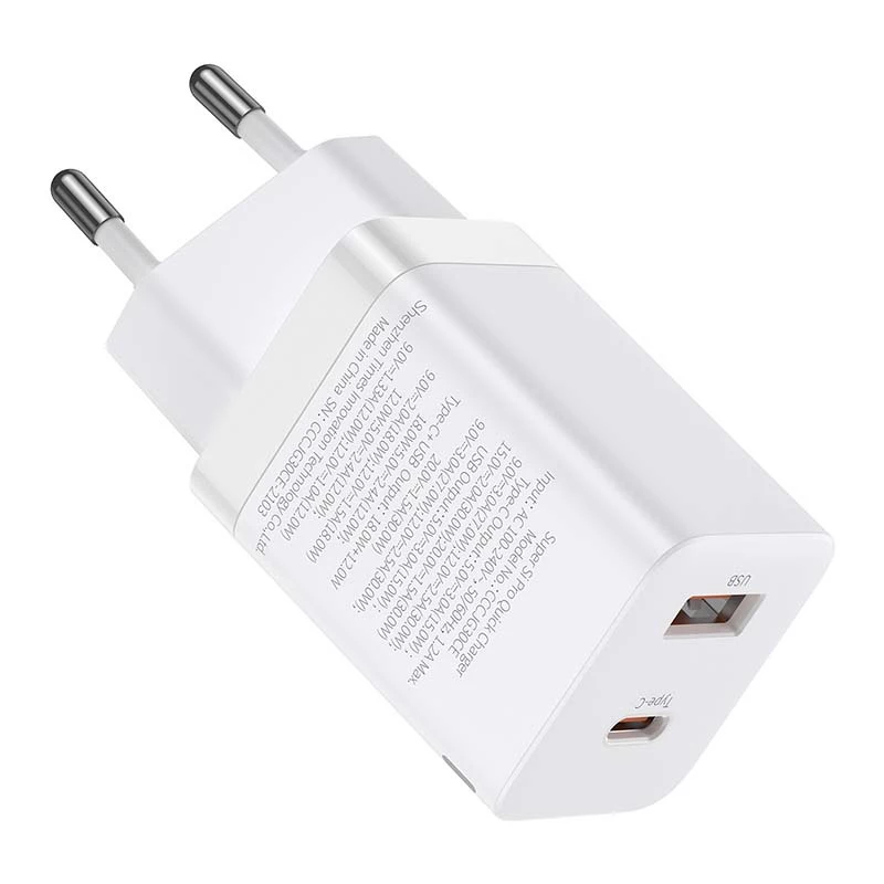 Baseus Super Si Pro greitasis įkroviklis USB + USB-C 30W (baltas)