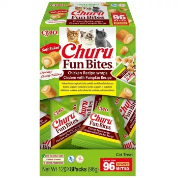 Šlapi skanėstai katėms INABA Churu Fun Bites Vištiena ir moliūgas 8 x 12 g pasta, baltymai 27,3%, drėgmė 56%