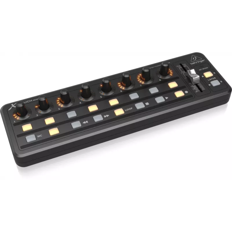 MIDI klaviatūra USB Behringer X-TOUCH MINI, valdymo tipai: mygtukai, sukamieji reguliatoriai, slankikliai