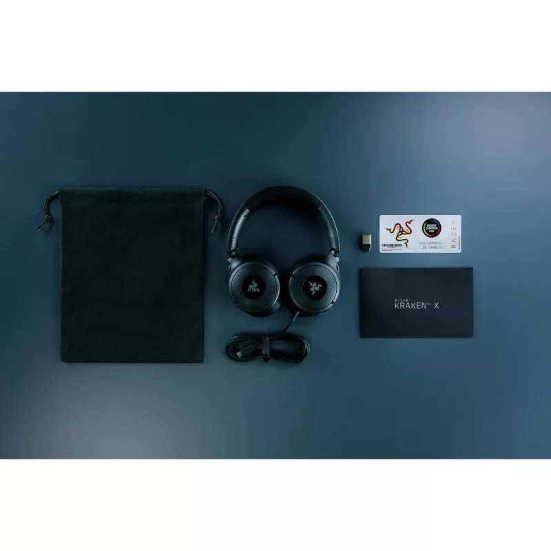 Razer Kraken V4 X – laidinės ausinės žaidimams (TriForce 40 mm tvarkyklės, įtraukiamas kardioidinis mikrofonas, 7.1 erdvinis garsas, Chroma RGB, skirta PC, konsolei ir telefonui)