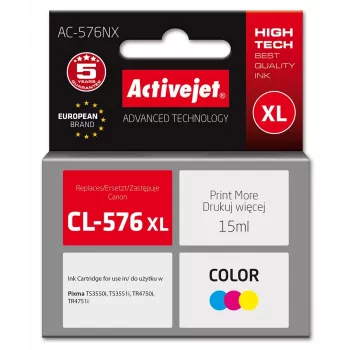 Kasetė su rašalu ActiveJet AC-576NX suderinama su Canon CL-576XL didelės talpos, dažų pagrindu, geltona/raudona/mėlyna, 15 ml