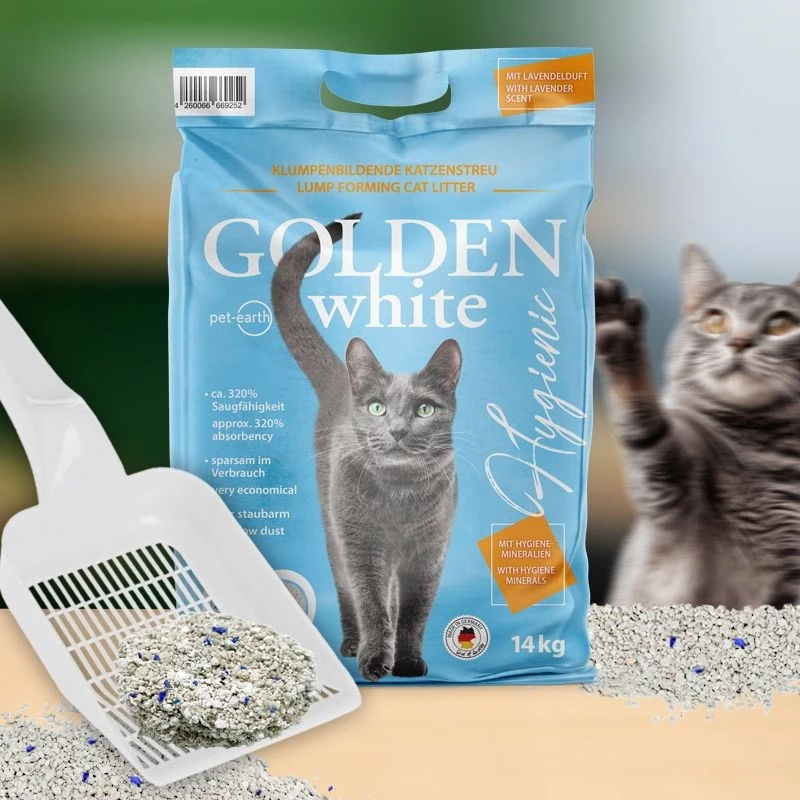 Bentonitinis kaupiantis kačių kraikas Golden Grey 7 kg, levandų kvapo, be dulkių, nelimpantis