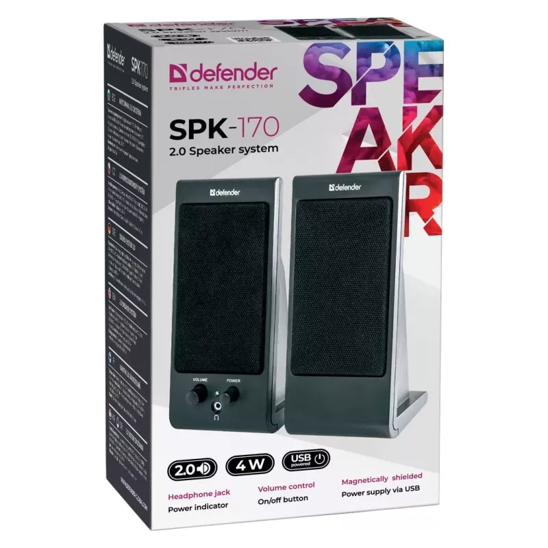Garsiakalbiai staliniai DEFENDER SPK-170 2.0, 4 W RMS, laidiniai USB 5 V, 3,5 mm, juodi