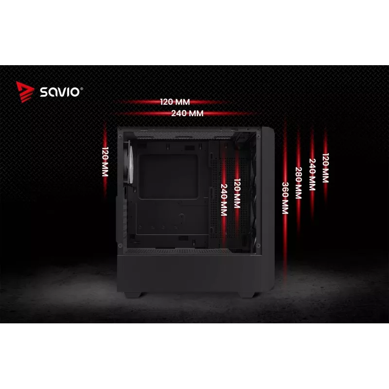 PC korpusas SAVIO Noctis Glass RGB — Juodas, ATX/Micro-ATX, 210×410×450 mm, 3×120 mm priekiniai ventiliatoriai