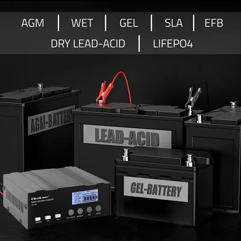 Baterijų įkroviklis QOLTEC 52491 mikroprocesorinis 12V/12,6V/24V su LCD