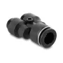 Pneumatinis Y formos jungtis DELOCK 2×8 mm į 1×12 mm su tvirtinimo anga, metalas/plastikas, moteriškas sriegis, 50,5 mm