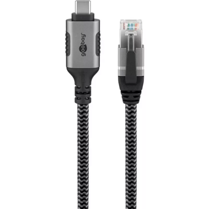 Ethernet kabelis USB-C 3.2 Gen2 kištukas > RJ-45 kištukas, LAN adapteris juodas/sidabrinis, 1,5 metro, pintas tekstilinis apvalkalas