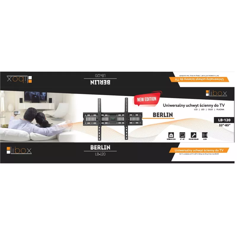 Sieninis TV laikiklis LIBOX LB-120 32–85 colių (81,3 cm–2,16 m), iki 55 kg, VESA 200x200–600x400, pakreipiamas, plieninis, juodas