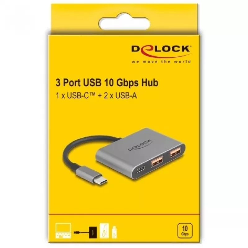 USB šakotuvas DELOCK 64337 — USB 3.2 Gen 2 Type-C, 3 prievadai (Type-C + 2× Type-A), 10 Gbit/s, pilkas, metalinis korpusas