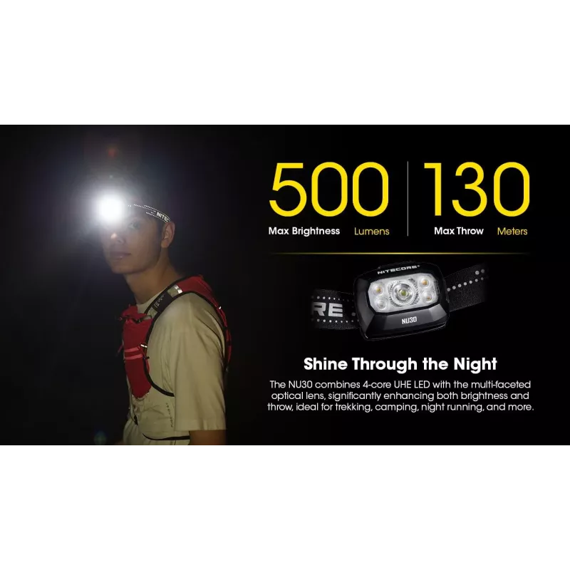 Nitecore NU30 – LED galvos žibintas 500 liumenų, USB įkrovimas, raudona šviesa