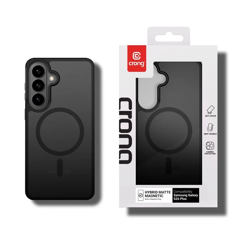 Crong Hybrid Matte Magnetic dėklas Samsung Galaxy S26+ — TPU + PC, juodas