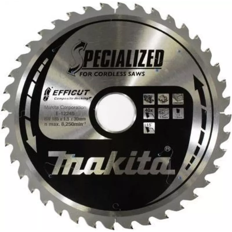 Pjūklo diskas Makita Specialized EFFICUT – medžiui, metalui, PVC, kompozitinėms medžiagoms, WPC – 185 mm – 40 dantys – skirtas Makita DH