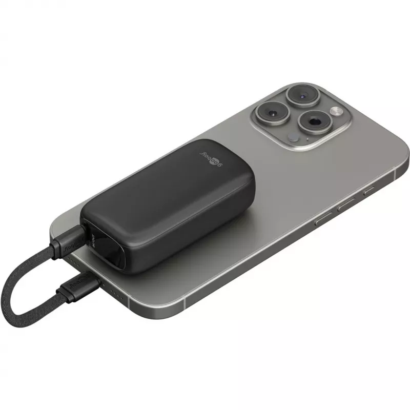 Powerbankas 5000 mAh su integruotu USB-C laidu 13 cm, 20 W, juodas