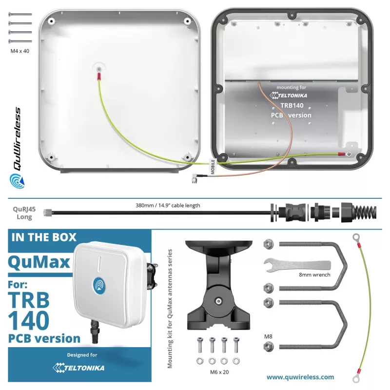Kryptinė tinklo antena QuWireless QuMax – kryptinė PoE/LAN antena 0.694–2,7 GHz, iki 6 dBi, balta