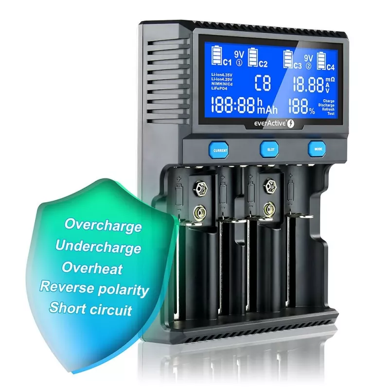 Įkroviklis everActive UC-4200 Universal AC 12V 3A, tinka AA/AAA/C/9V, 4 celės, juodas, su ekranu